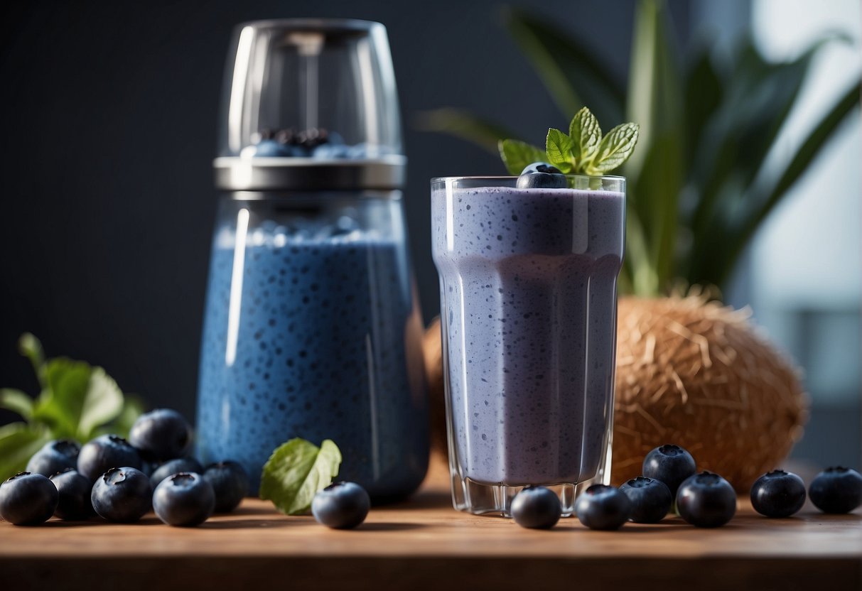 Blueberries and coconut water are being combined in a blender for a smoothie