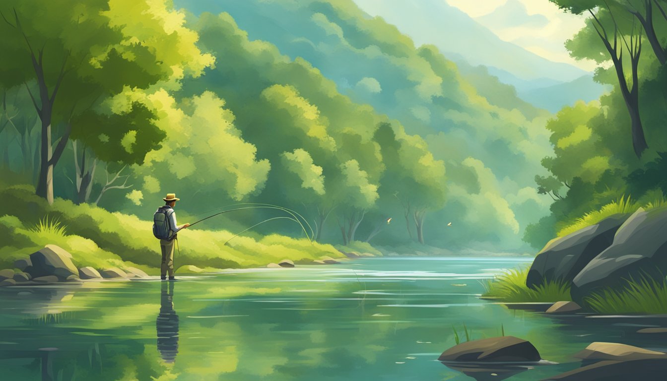 A serene riverbank with a fly fisherman casting his line, surrounded by lush greenery and various species of fish swimming in the clear water