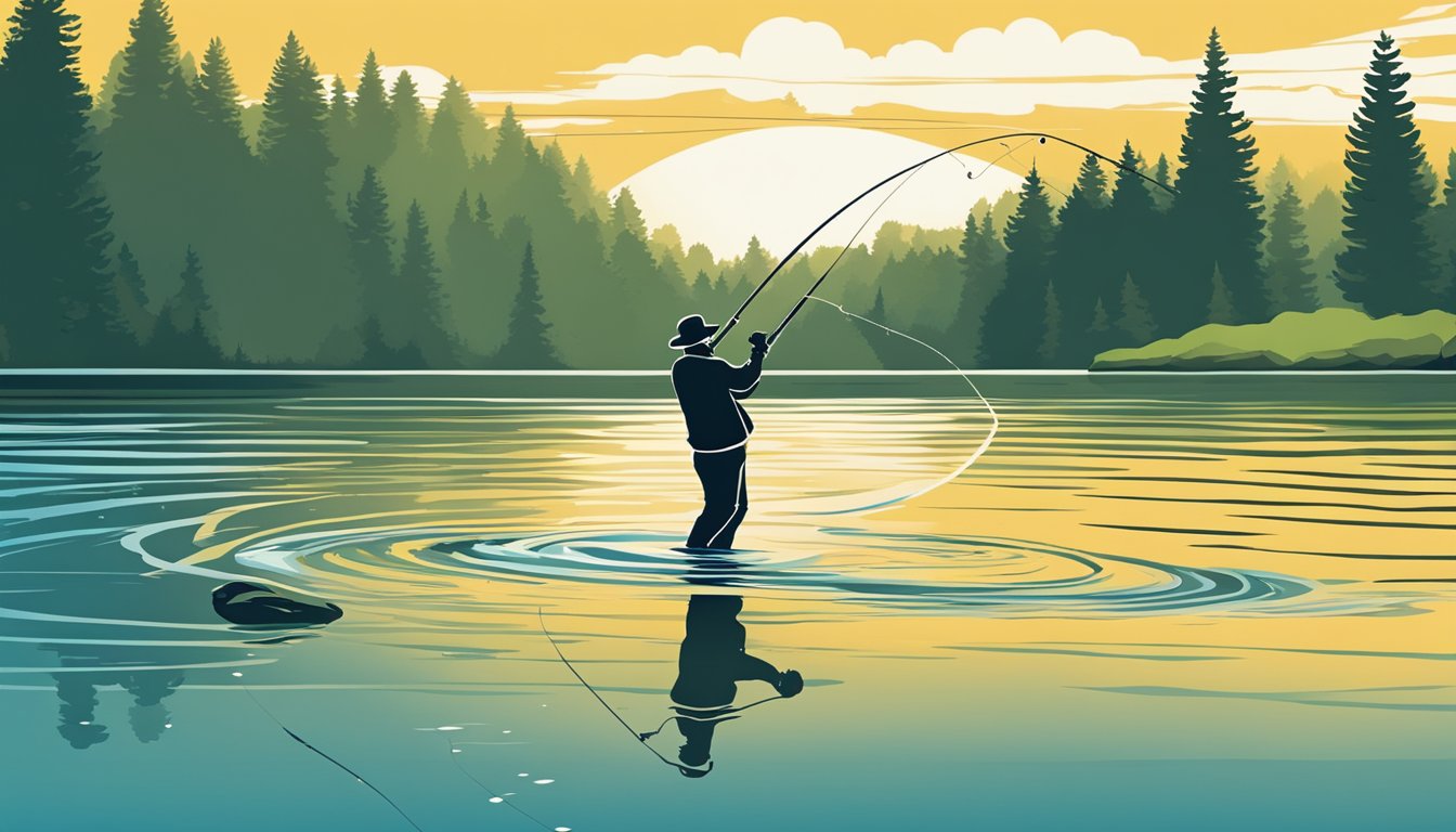 A fly fishing rod is poised mid-air, the line gracefully arcing towards the water's surface, as a vibrant fly dangles from the end