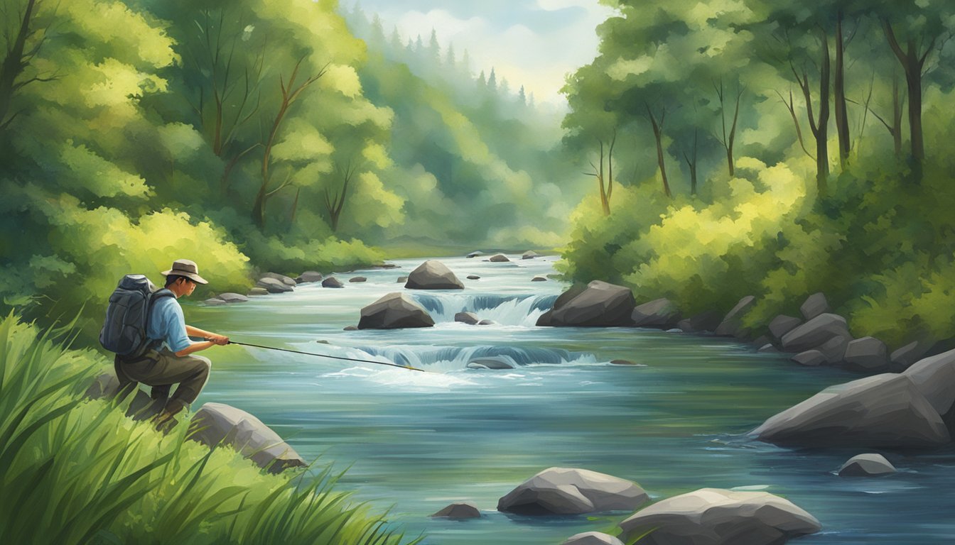 A serene riverbank with a fly fisherman casting gracefully, surrounded by lush foliage and clear, flowing water