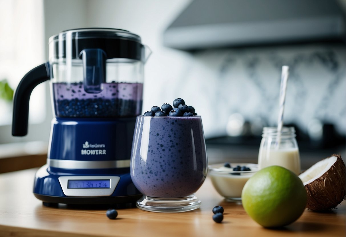 Blueberries and coconut water are being mixed in a blender for a customized smoothie