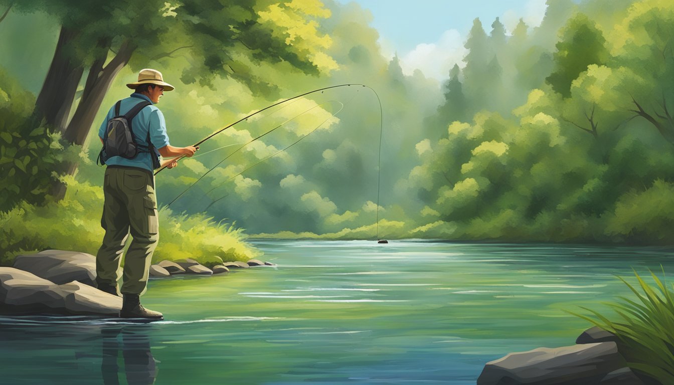 A fly fisherman casting a line into a serene, rippling river, surrounded by lush greenery and the occasional splash of a fish breaking the surface