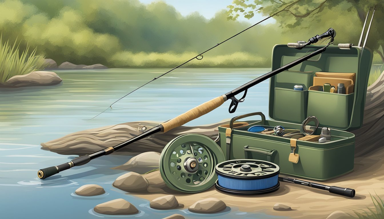 A fly fishing rod, reel, and tackle box lay on a grassy riverbank. A pair of waders and a fishing vest hang from a nearby tree branch