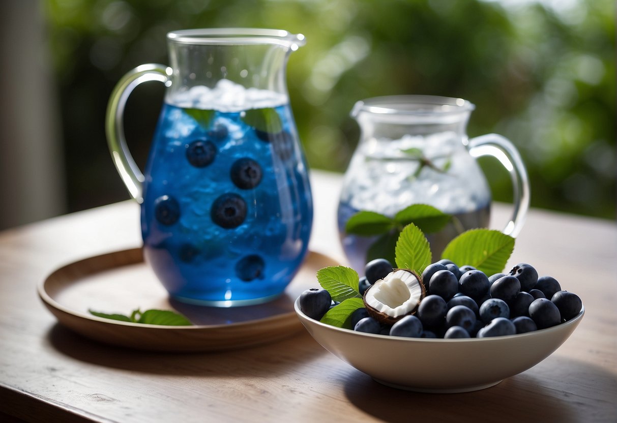 A glass pitcher of coconut water sits next to a bowl of fresh blueberries on a clean white table