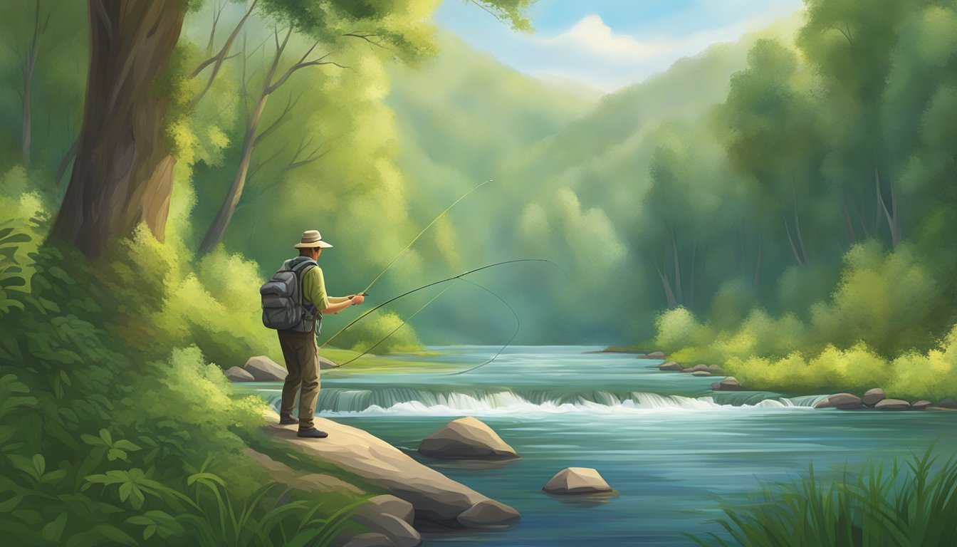 A serene river flows through a lush forest. A fly fisherman expertly casts their line, surrounded by tranquil nature