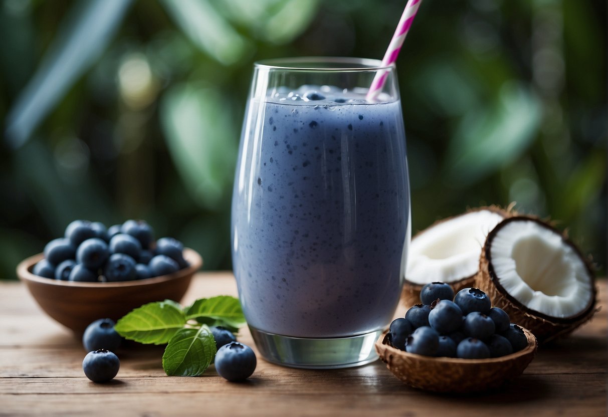 Blueberries and coconut water blend in a glass, with a question mark above
