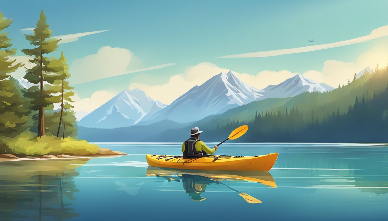 A kayak glides on calm water, a fishing rod extends from it. A picturesque camping scene surrounds the kayak, with trees, mountains, and a clear blue sky in the background