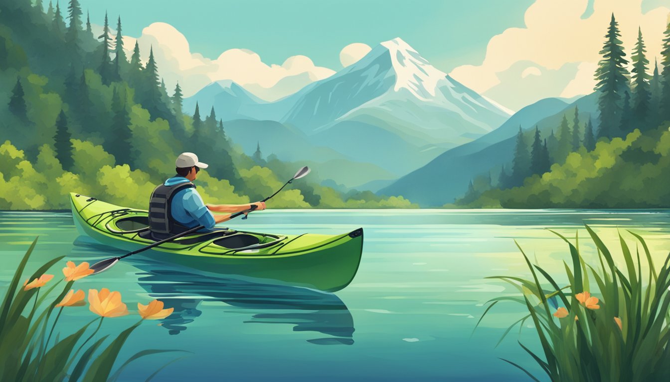 A kayak floats on calm waters, surrounded by lush greenery and mountains in the distance. A fishing rod is propped up, ready for action