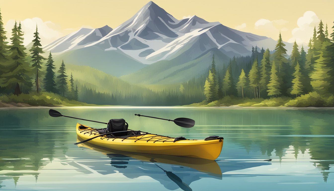 A kayak loaded with camping gear and fishing equipment on a serene lake, surrounded by lush forest and mountains in the background