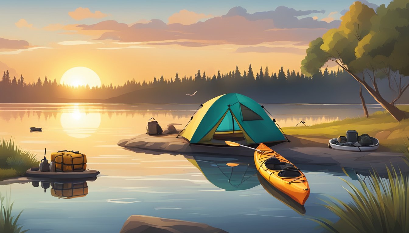 A kayak loaded with camping gear and fishing equipment on a tranquil lakeshore at sunset. Tents pitched in the background