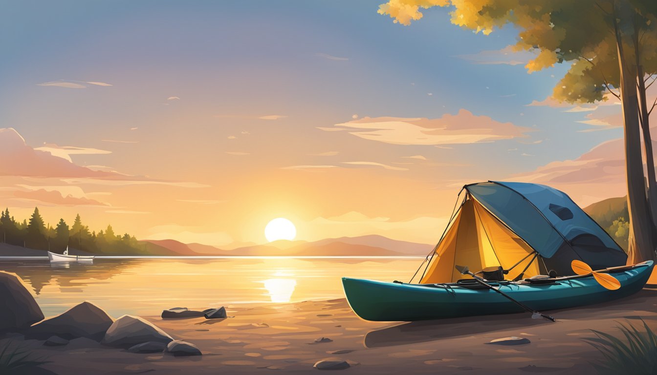 A kayak is parked on the shore, fishing gear is laid out, and a campsite is being set up nearby. The sun is setting, casting a warm glow over the tranquil scene