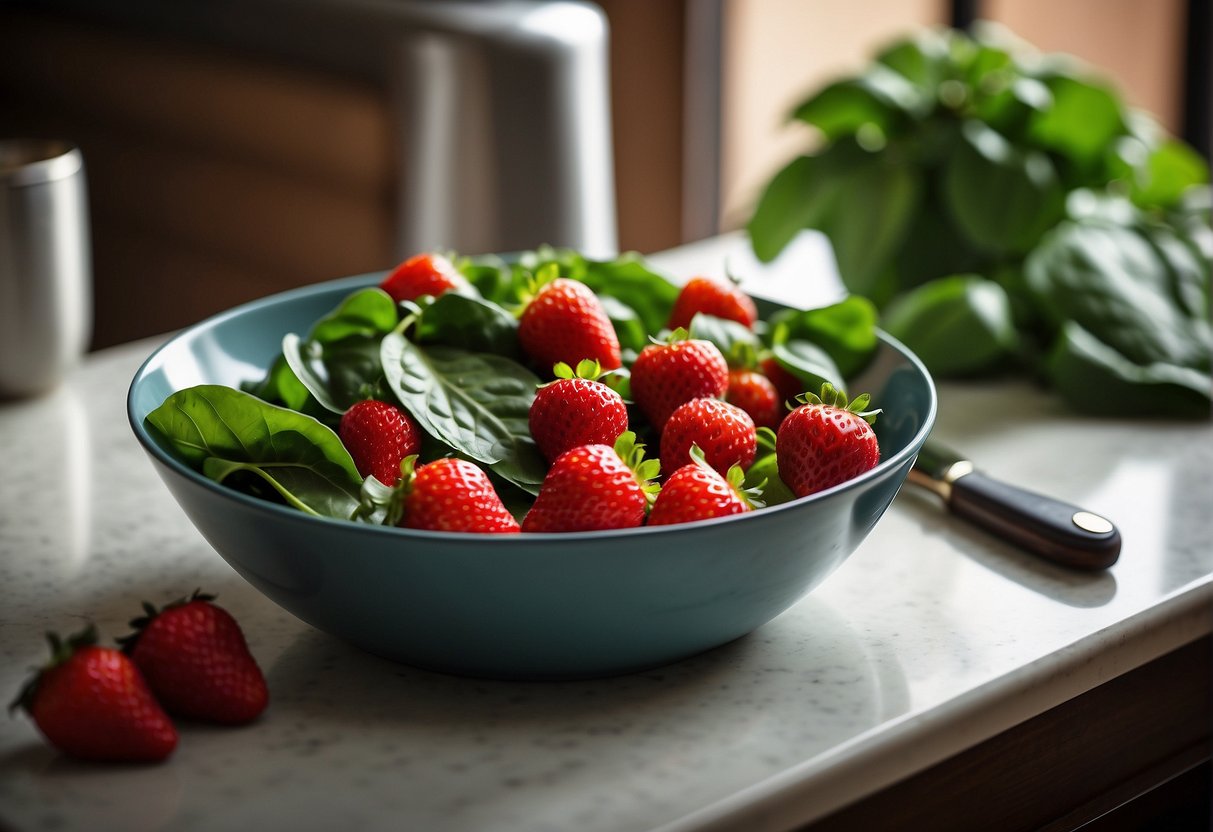 A bowl of fresh strawberries and spinach leaves, a cutting board, and a knife on a kitchen counter