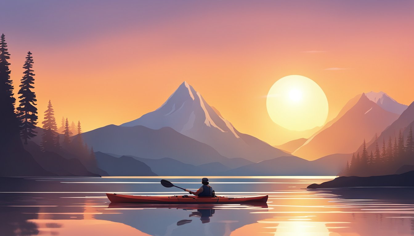 A kayak glides on calm waters, a fishing rod extends from its side. The sun sets behind a mountain, casting a warm glow on the scene