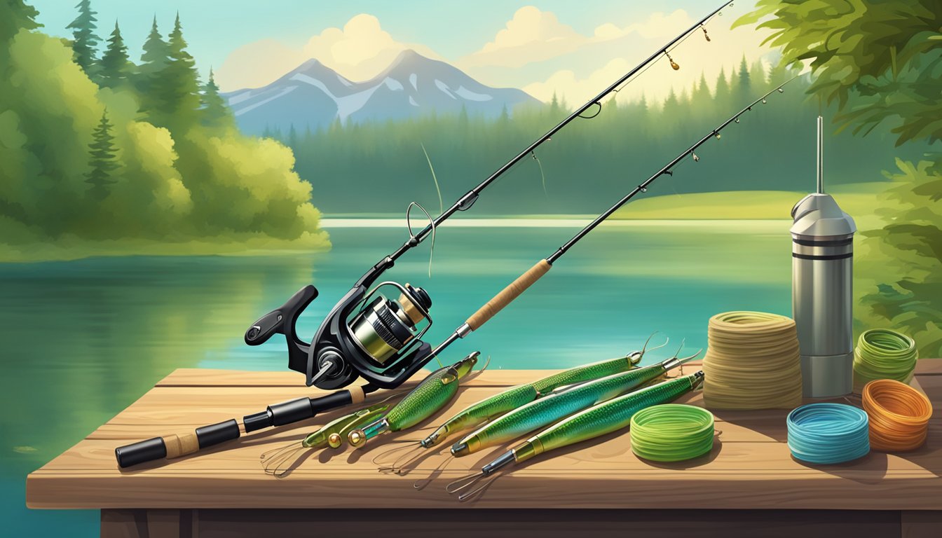 A fishing rod with various baits laid out on a camping table, surrounded by a serene lake and lush green trees