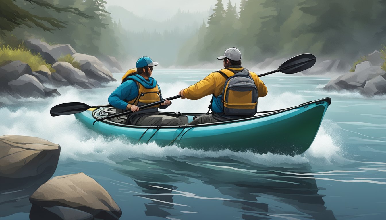 A kayak glides through choppy waters, surrounded by misty weather. Fishing rods are set up, ready for a catch. The kayak is loaded with camping gear, hinting at a remote and adventurous location