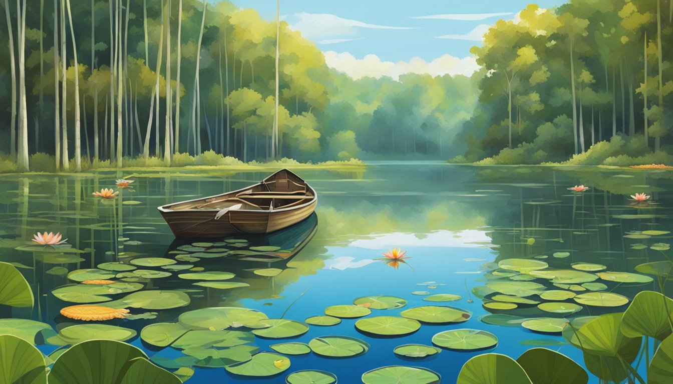 A serene lake with lily pads and reeds, surrounded by dense forest. A variety of fish swim beneath the clear water, while a colorful assortment of bait sits ready on the edge of a fishing boat