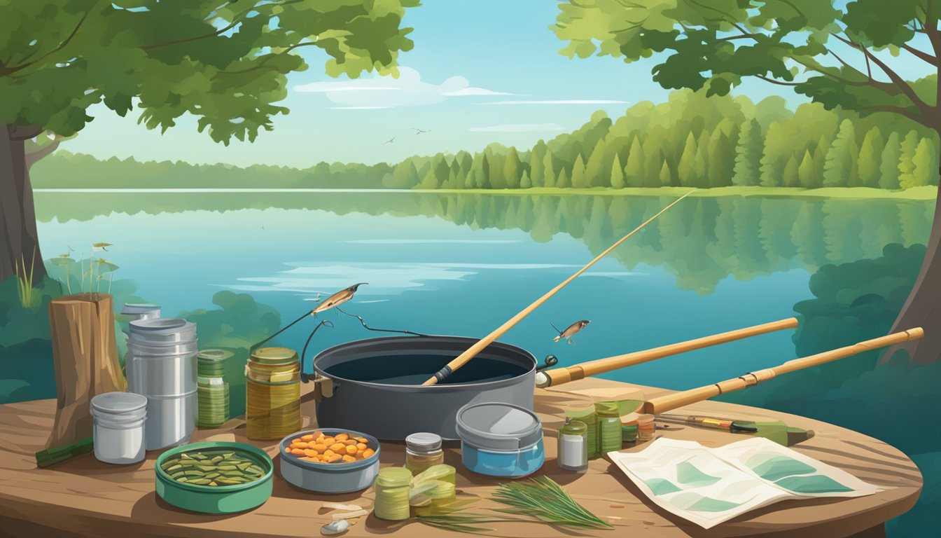 A serene lake surrounded by trees, with a fishing rod and various types of bait laid out on a camping table