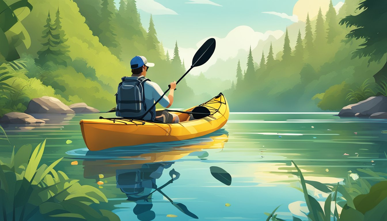 A person sits comfortably in a kayak, surrounded by fishing gear and camping supplies. The serene waters and lush greenery create a peaceful atmosphere for paddling and angling