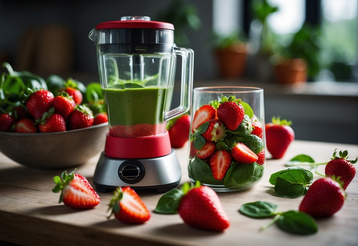 Strawberries and spinach in a blender, creating a colorful and nutritious smoothie