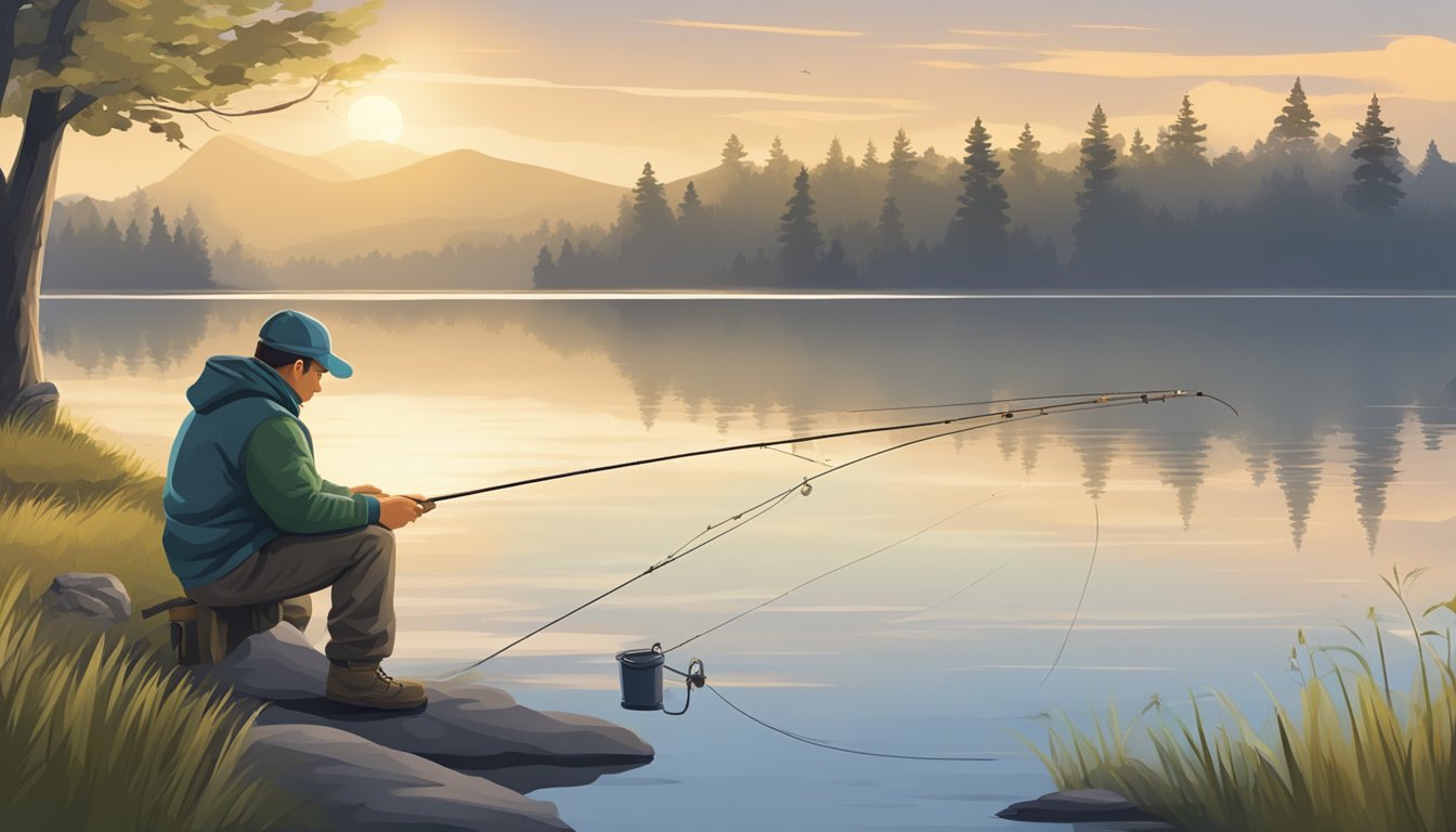 A fisherman carefully selects bait, considering the weather and water conditions. He prepares to cast his line into the tranquil lake