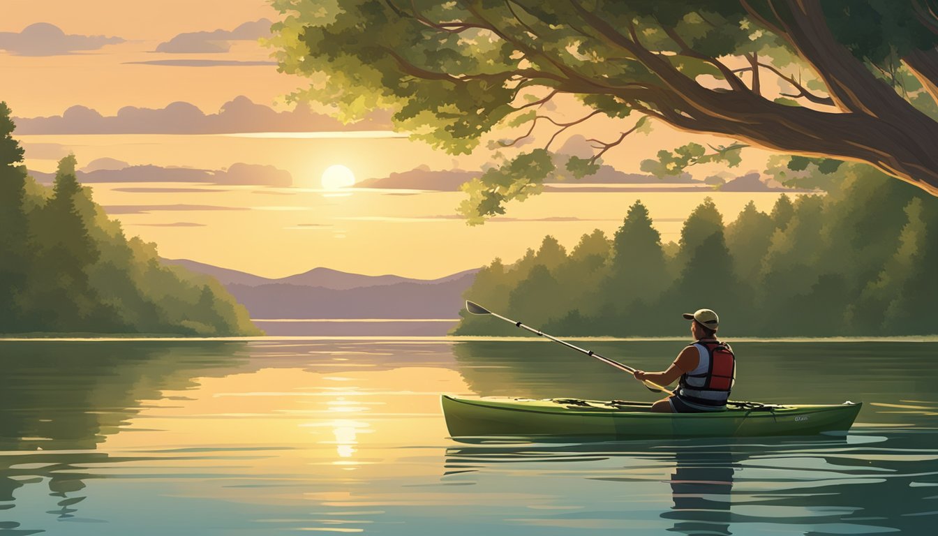 A kayak glides through calm waters, surrounded by lush greenery and towering trees. A fishing rod is propped up in the kayak, ready for action. The sun sets in the distance, casting a warm glow over the tranquil scene