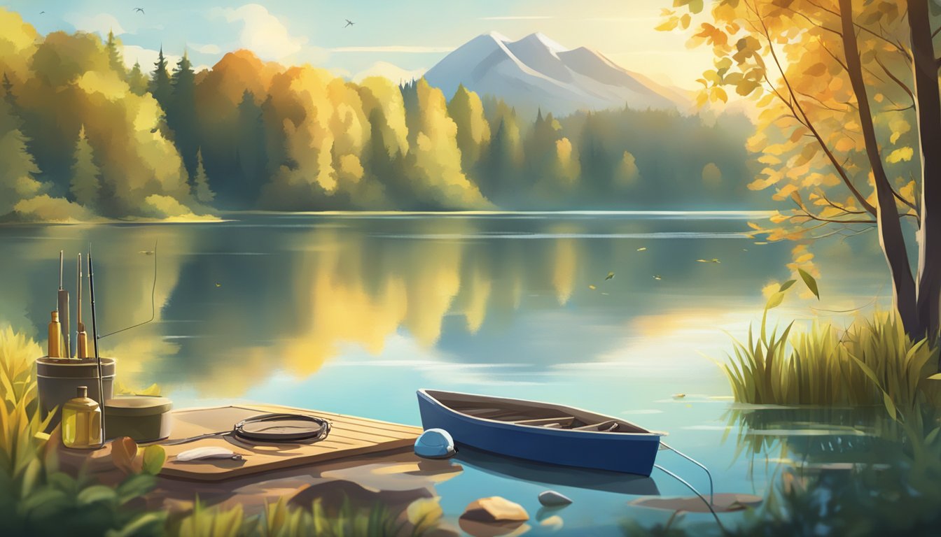 A serene lake surrounded by changing foliage. A fishing rod with various bait options laid out on a campsite table. Sunlight filtering through the trees