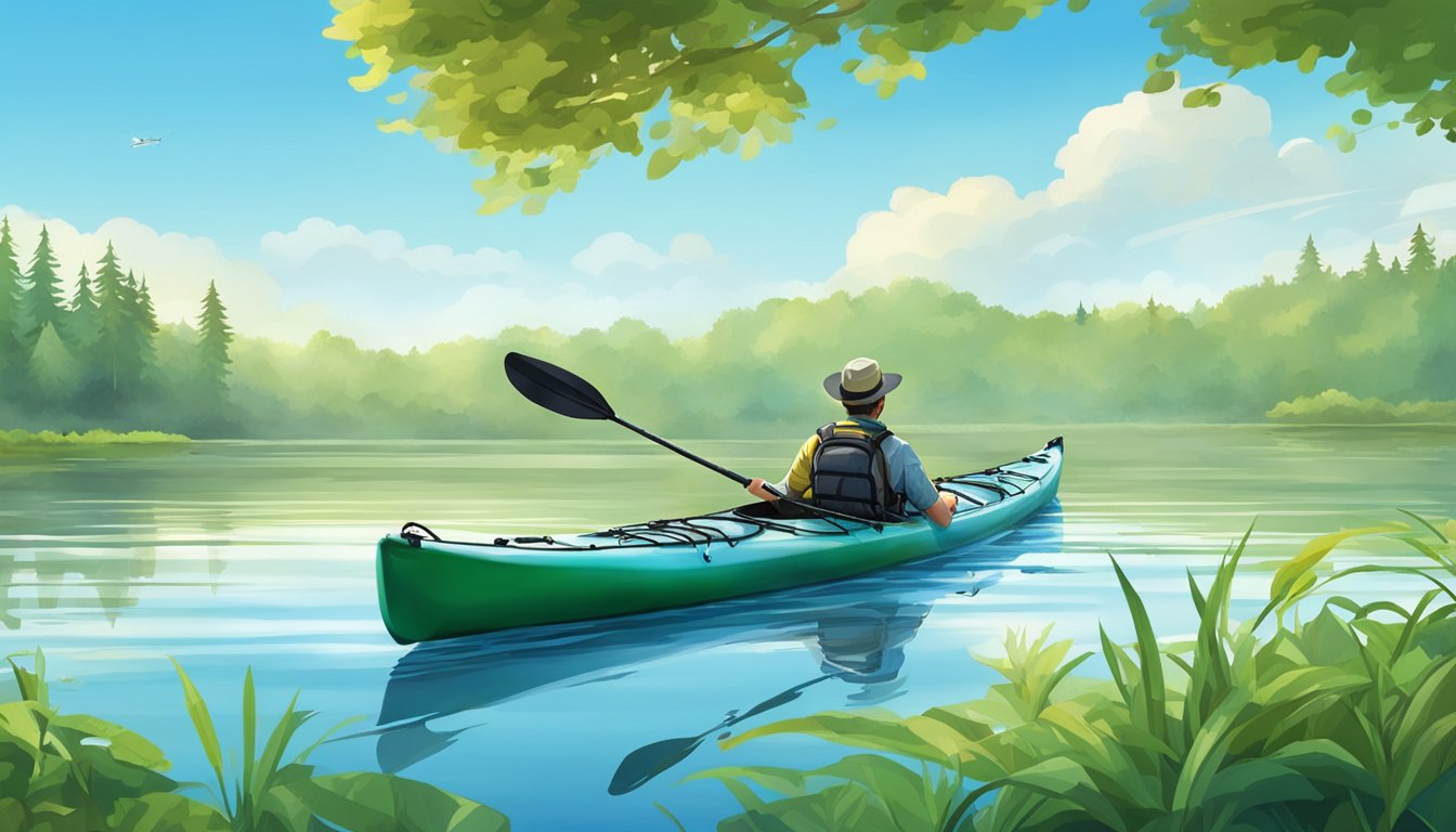 A kayak floats on calm water, surrounded by lush green trees and a clear blue sky. A fishing rod is propped up on the kayak, ready for a day of paddling and angling on a camping trip