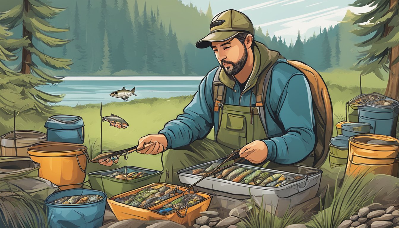 A fisherman selects bait from a variety of options, considering quality and cost, for different fishing conditions while camping