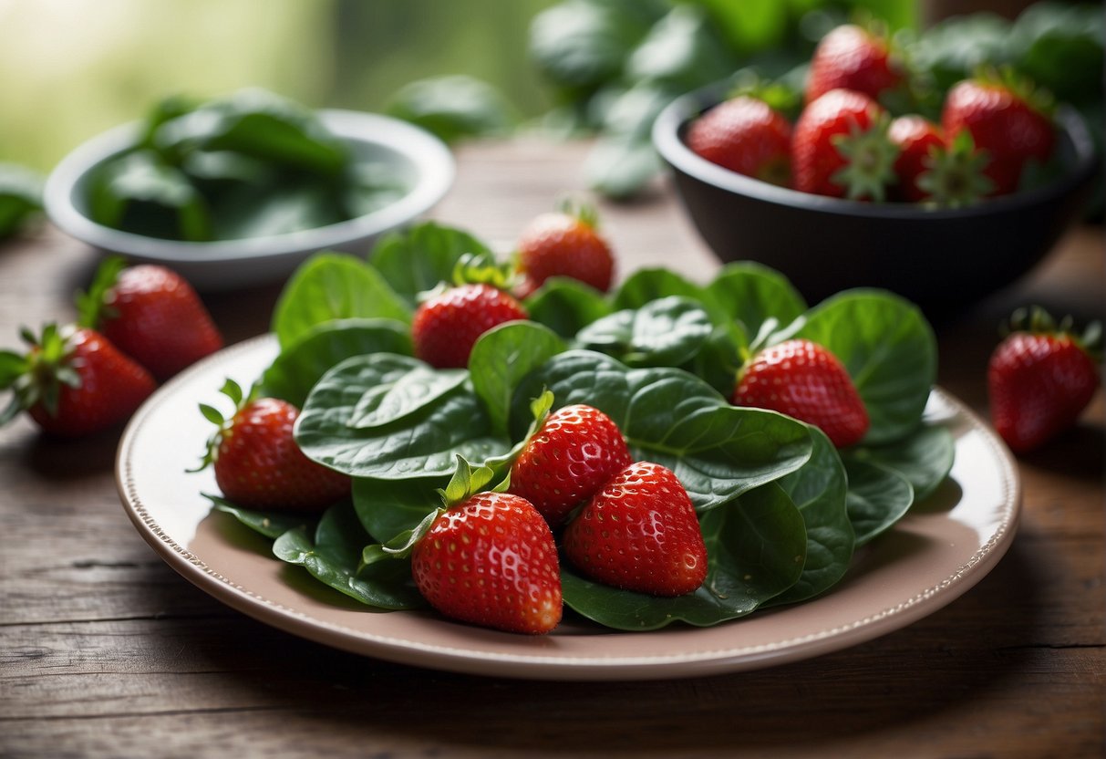 Strawberries and spinach mixed on a plate