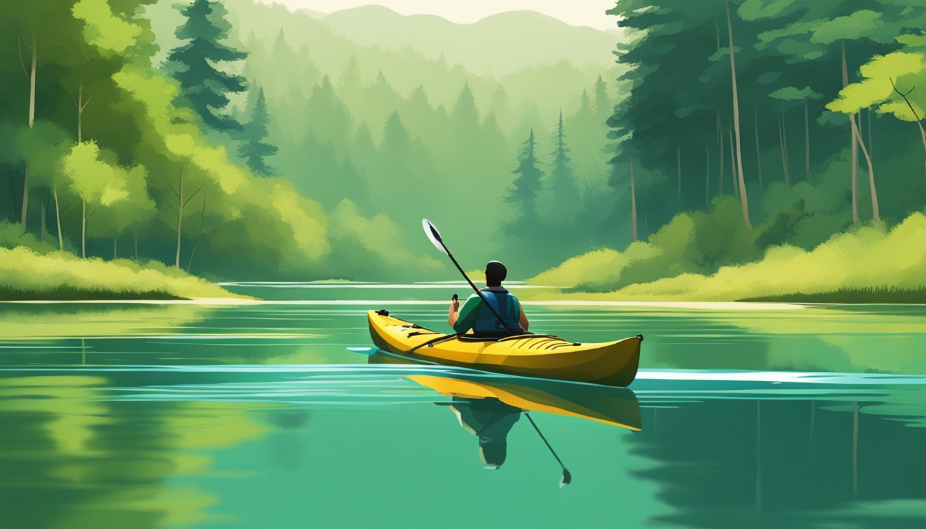 A kayak glides through calm waters, with a fishing rod resting on its side. Lush green trees line the shore, and a serene camping site sits in the background