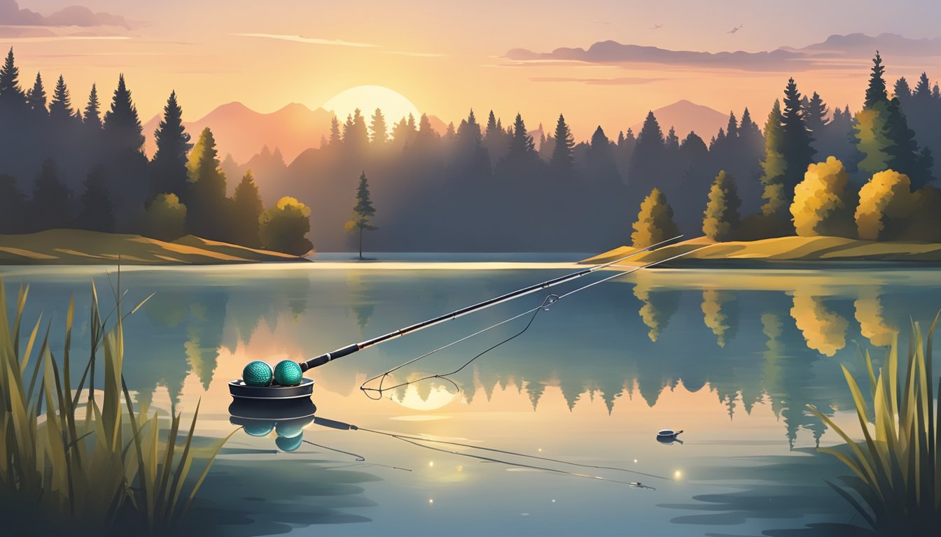 A serene lake at sunset, a fishing rod cast out with a bobber floating on the water. A variety of bait options laid out on a nearby table