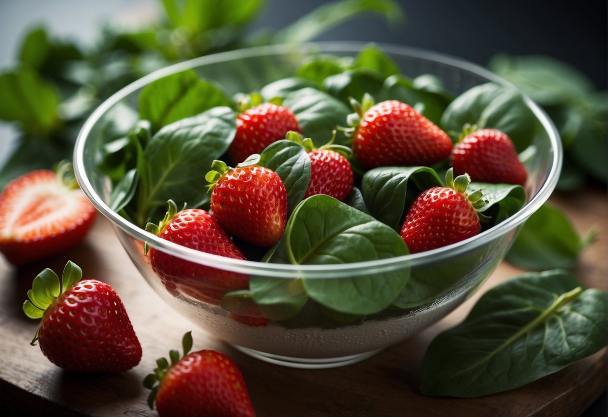 Strawberries and spinach arranged together in a mixing bowl