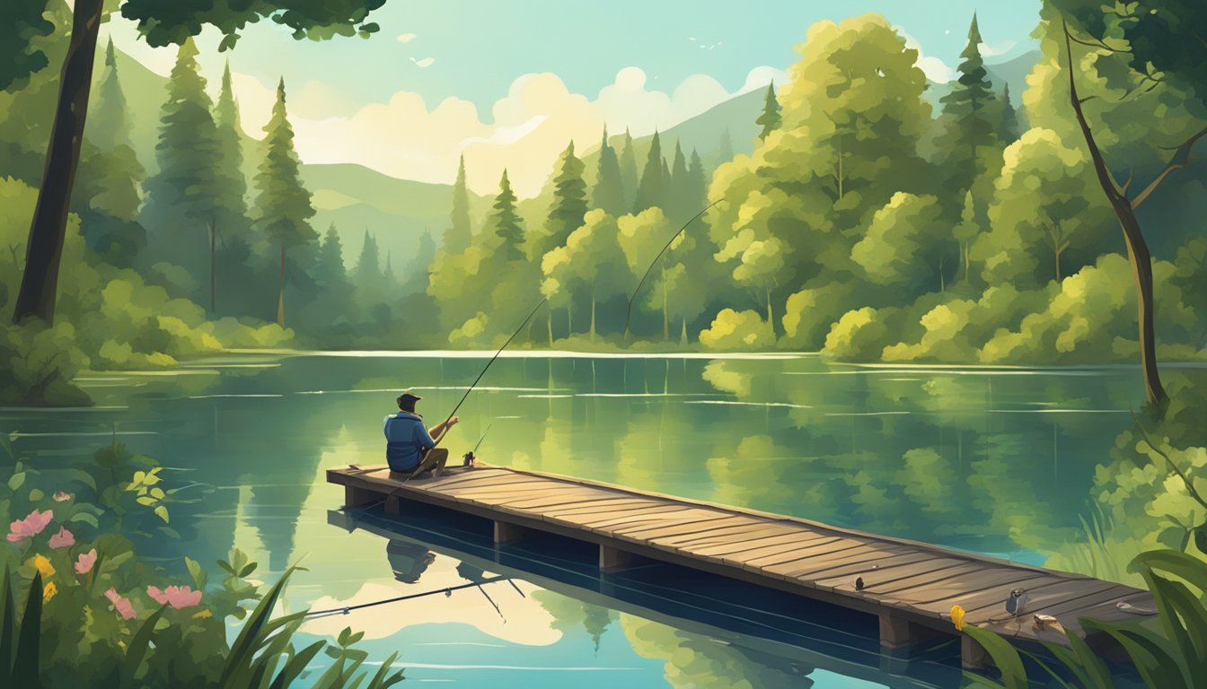 A serene lake surrounded by lush green trees, with a fishing rod and various types of bait laid out on a wooden dock