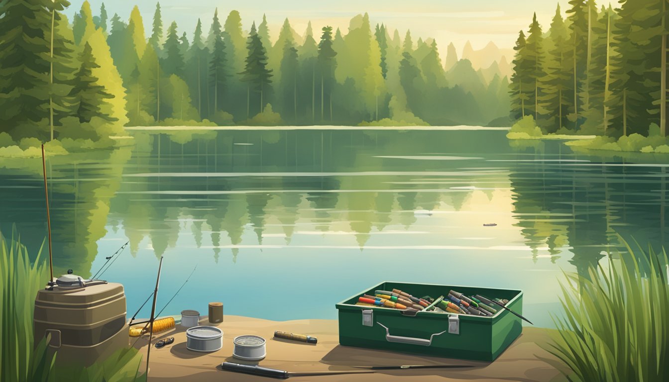 A serene lake surrounded by lush green trees, with a fishing rod resting on the shore next to a tackle box filled with a variety of baits for different fishing conditions