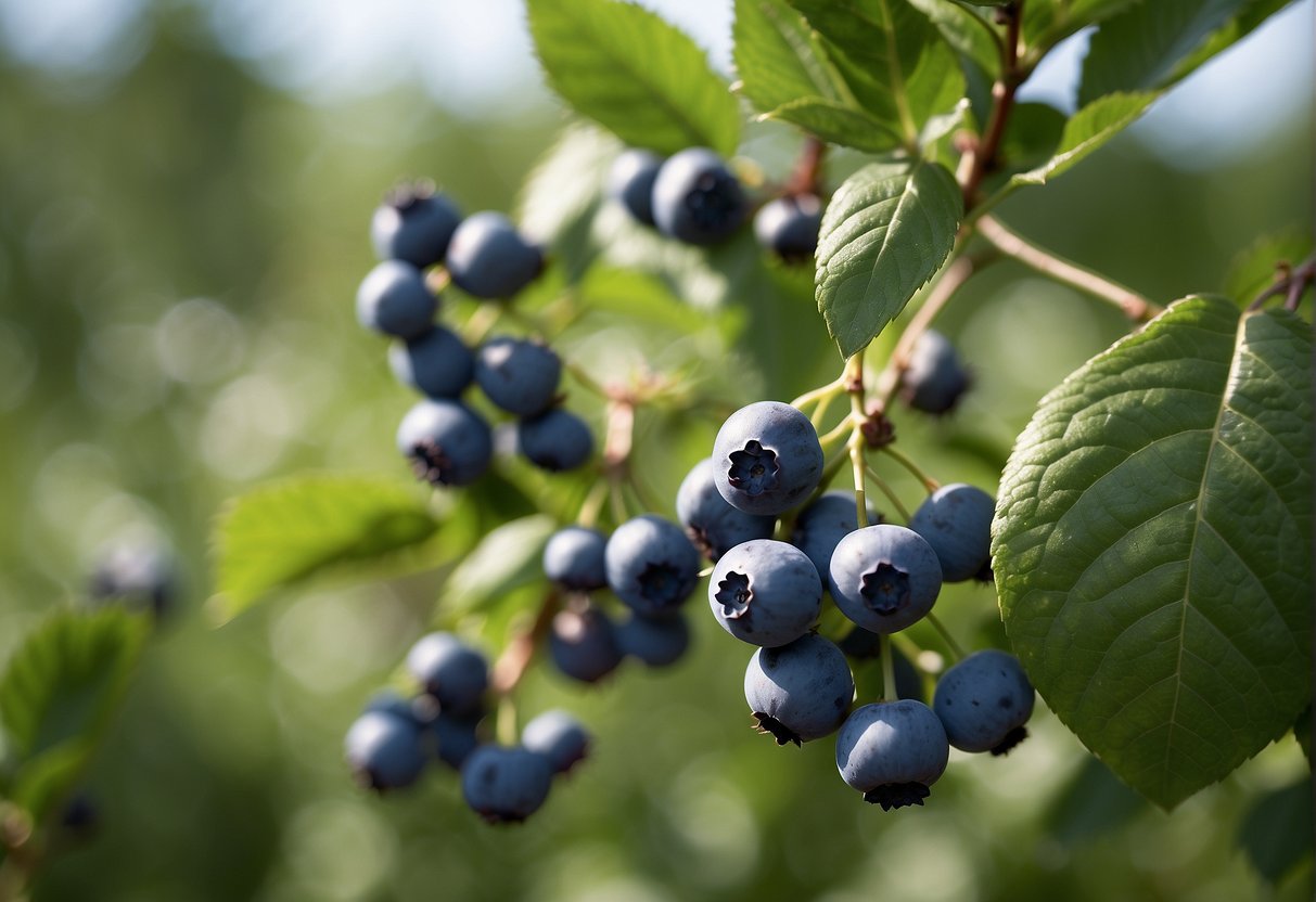Ripe blueberries hang from lush green bushes in a sunny field