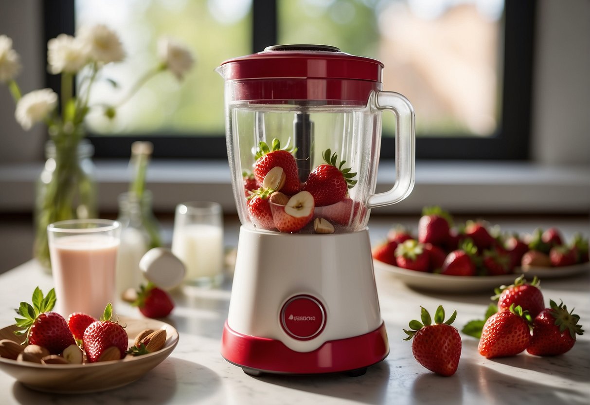 Strawberries and almond milk mix in a blender