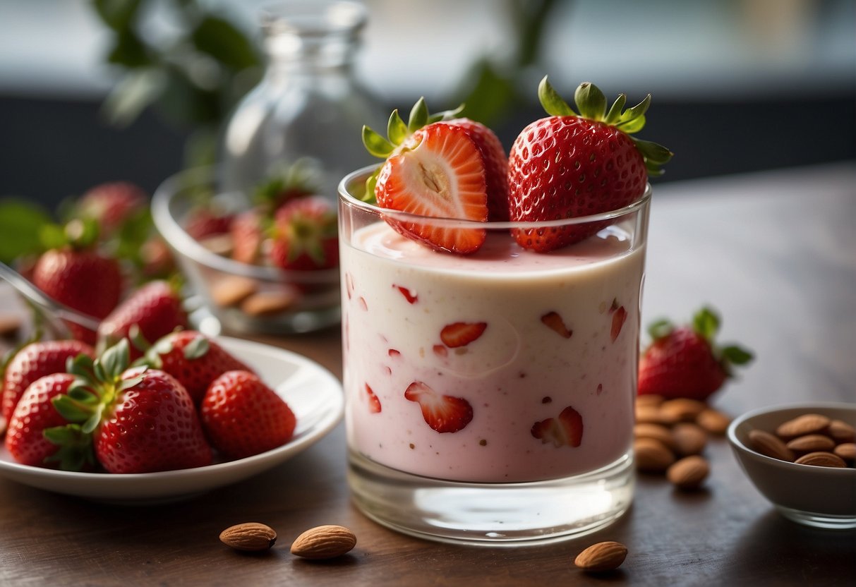 Strawberries and almond milk swirl together in a glass, creating a vibrant and creamy mixture