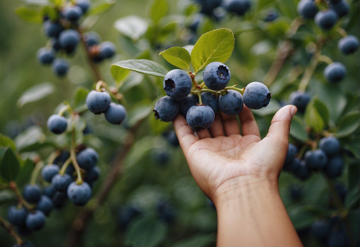 A hand reaching for ripe blueberries on a bush