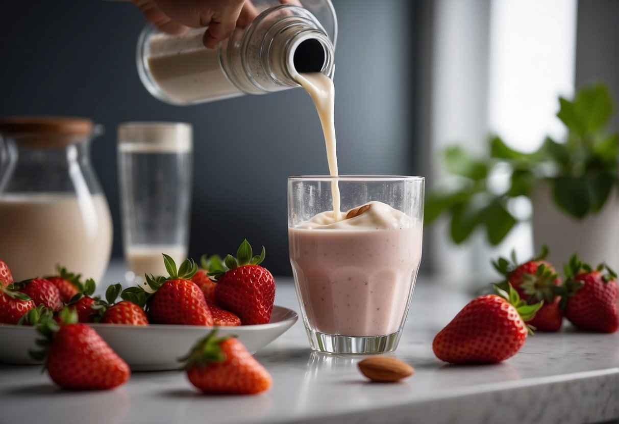 Fresh strawberries and almond milk in a blender. A hand pouring the mixture into a glass