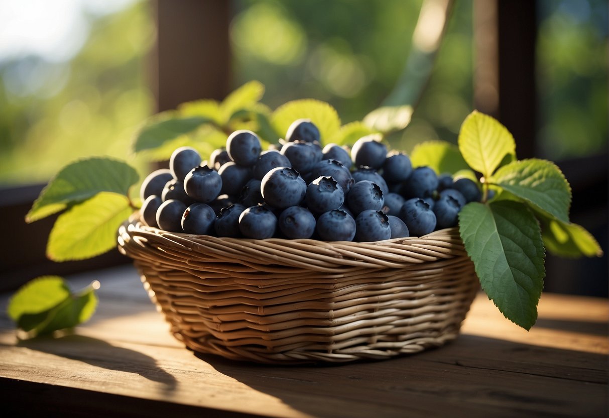 A basket of ripe blueberries sits on a wooden table, surrounded by green leaves and vines. Sunlight filters through a nearby window, casting a warm glow on the vibrant blue fruit