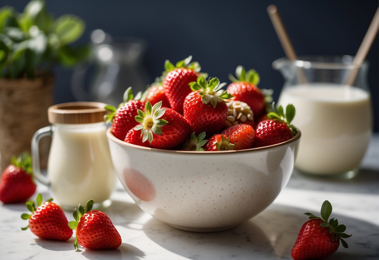 Strawberries and almond milk in a mixing bowl