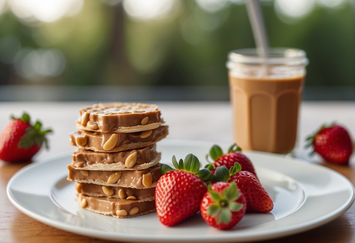 Strawberries and peanut butter sit side by side, invitingly arranged on a clean white plate
