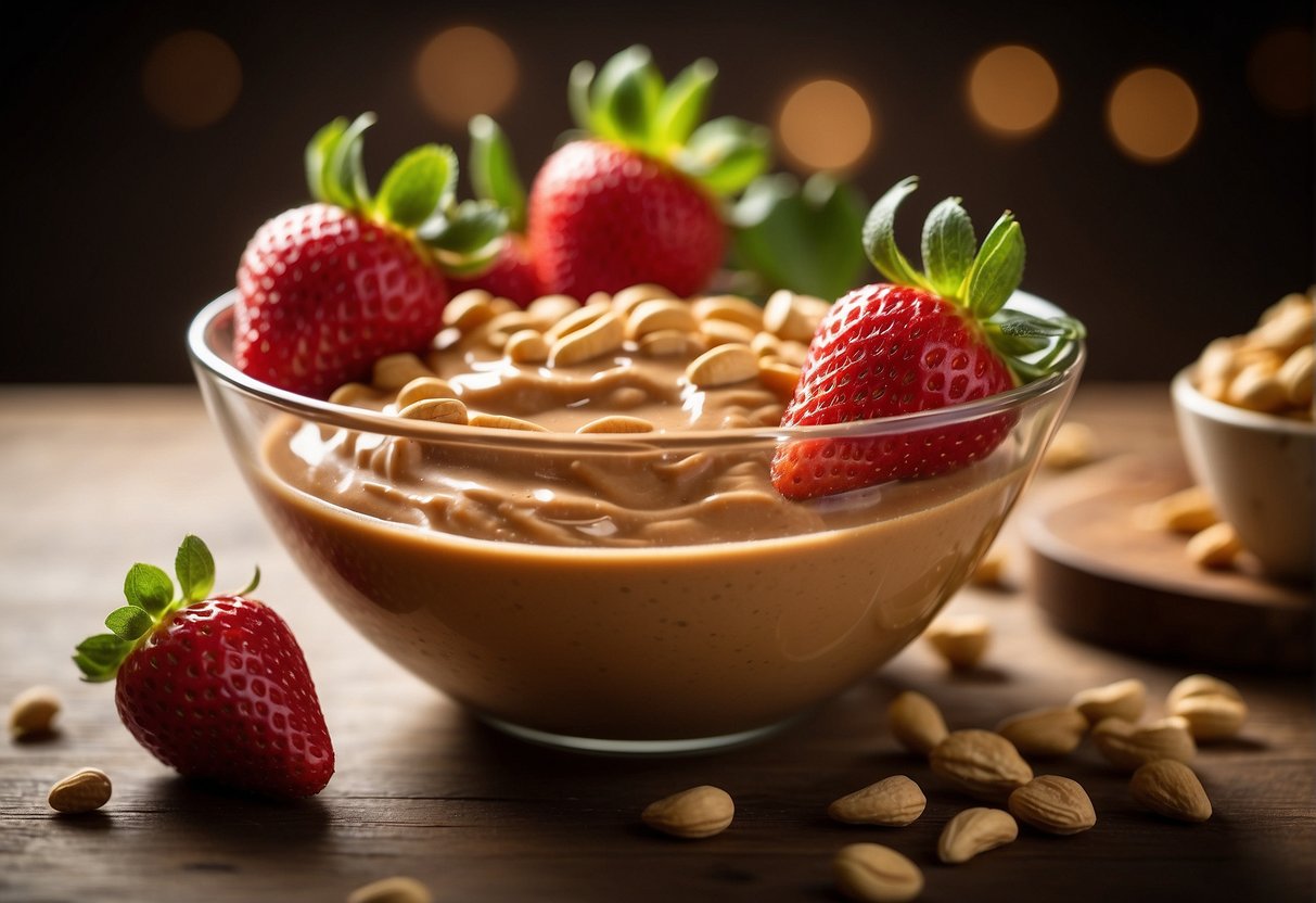 Strawberries and peanut butter blend together in a mixing bowl