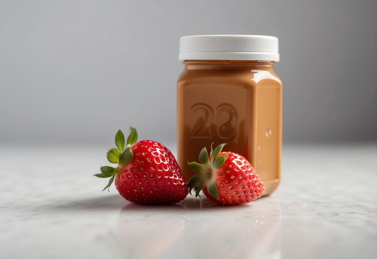 Strawberries and peanut butter are placed side by side on a clean, white surface, with a question mark hovering above them