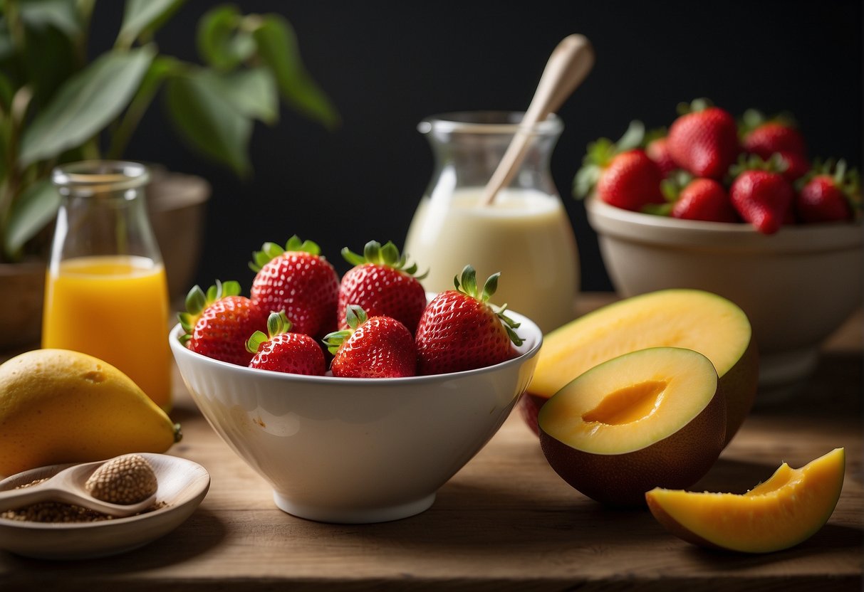 A bowl of fresh strawberries and mangoes, with a measuring cup and spoon nearby. A list of substitute ingredients is displayed next to the fruits