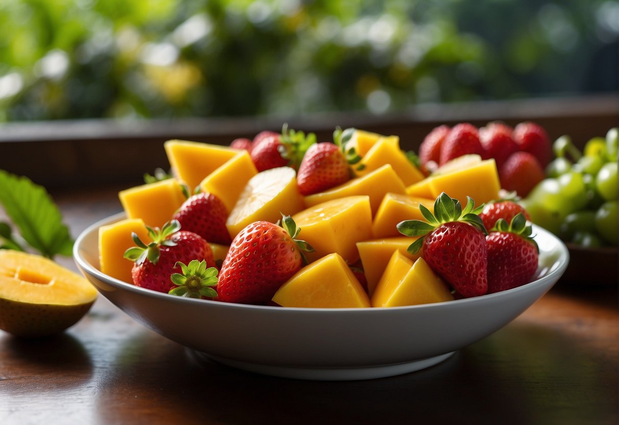 Strawberries and mango are mixed together in a colorful fruit salad. The vibrant red and yellow fruits are arranged in an appealing and appetizing display