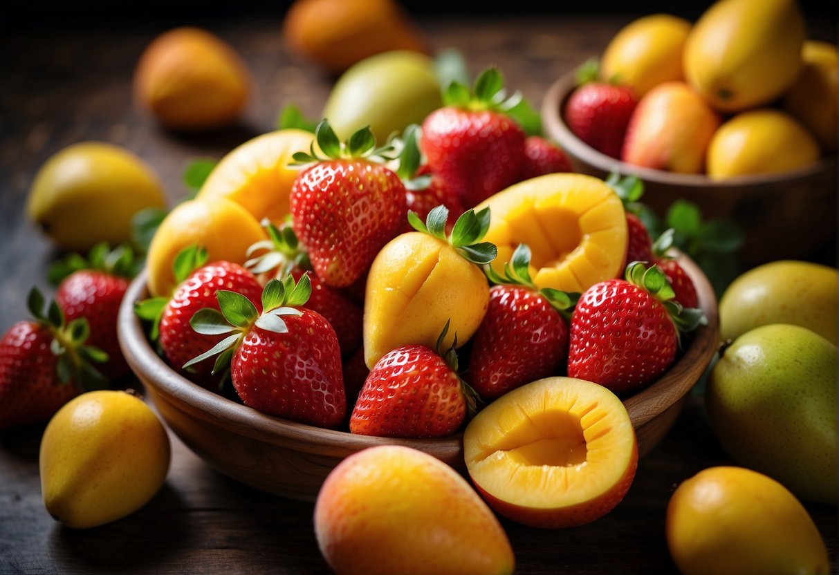 A bowl of fresh strawberries and mangoes, with the vibrant colors and juicy textures of the fruits on display