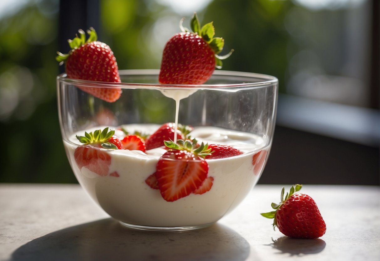 Fresh strawberries being blended into creamy yogurt in a glass bowl