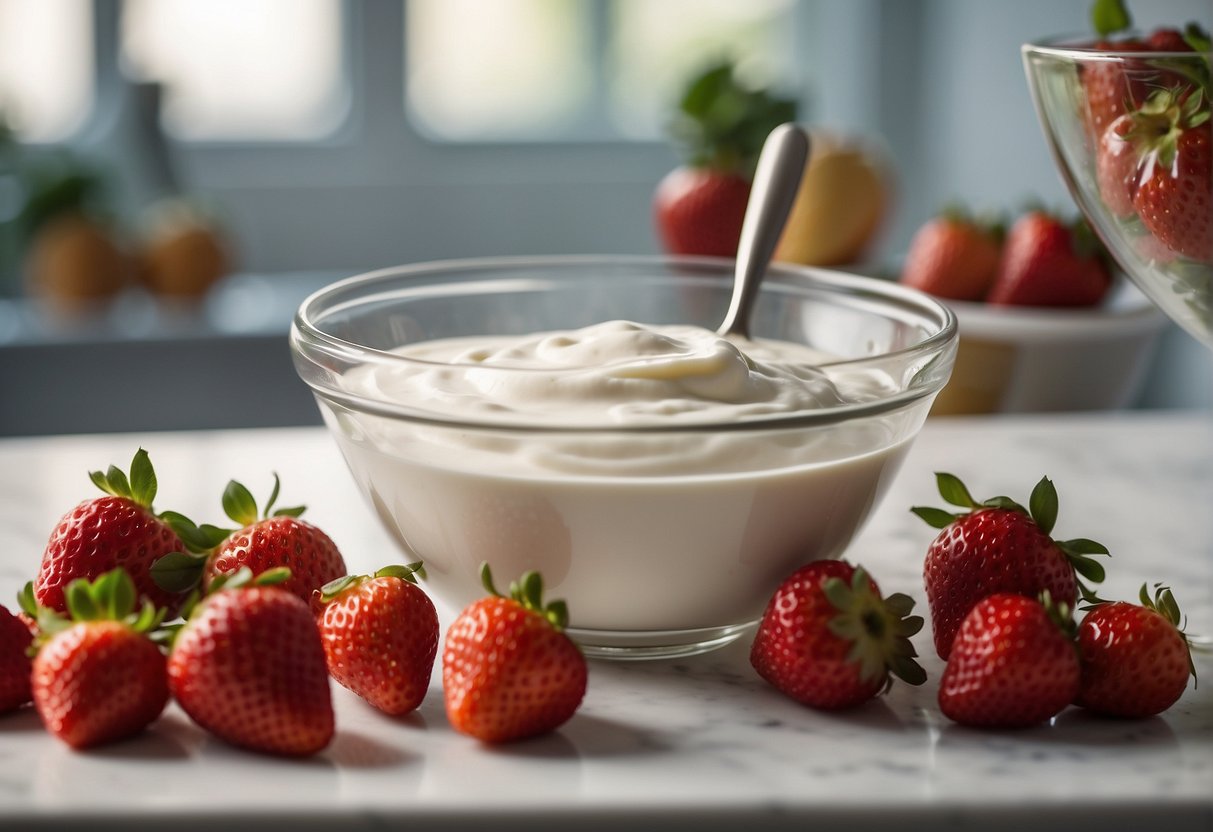 Fresh strawberries being blended into creamy yogurt in a mixing bowl