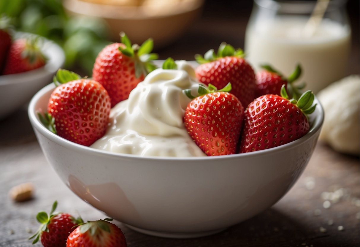 Strawberries and yogurt are being mixed together in a bowl, with a nutrition label and dietary guidelines in the background